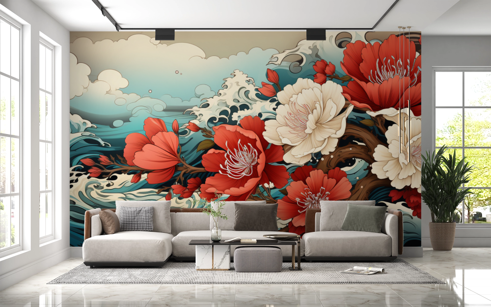 Papier peint nature - vagues japonaises et fleurs de cerisier blanches