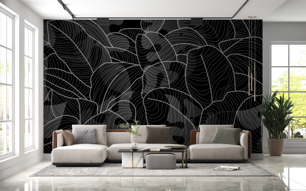 Papier peint nature - tapis de feuilles tropicales sombres