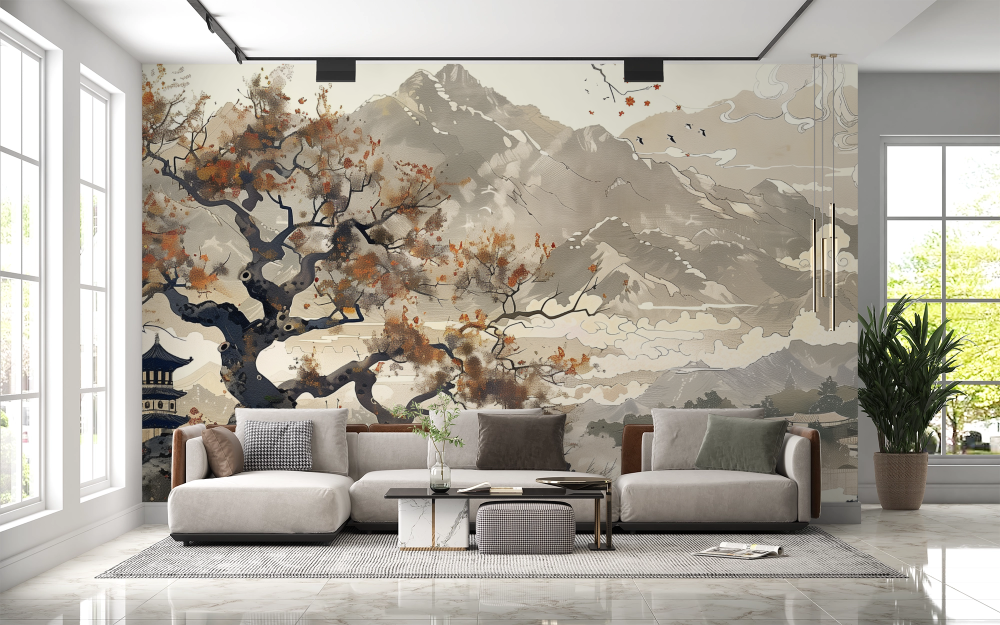 Papier peint nature - estampe asiatique de montagne et pagode
