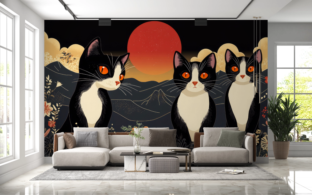 Papier peint animaux - trois chats noirs devant une lune rouge