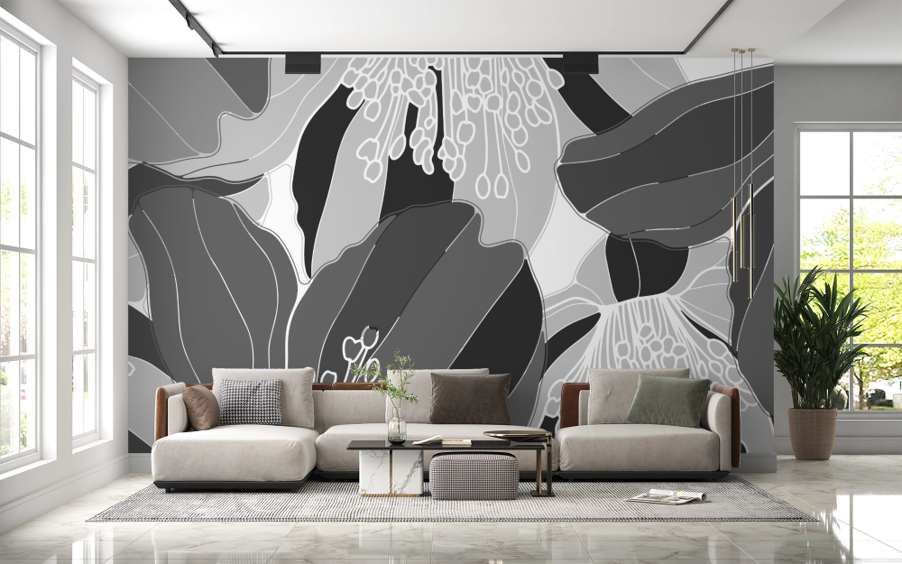 Papier peint nature - grands hibiscus en noir et blanc
