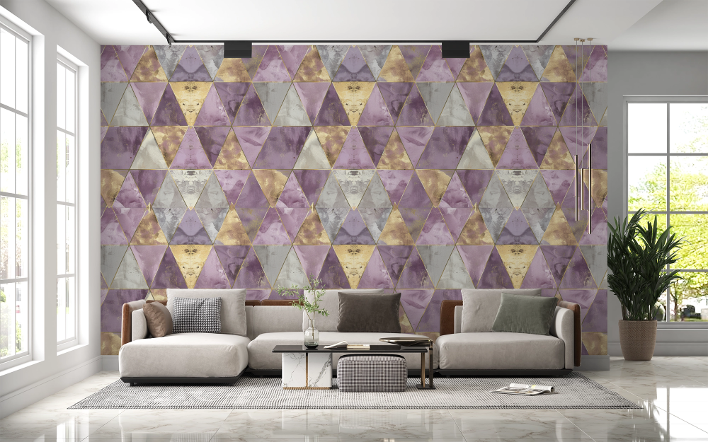 Papier peint géométrique - facettes de diamants violet et or