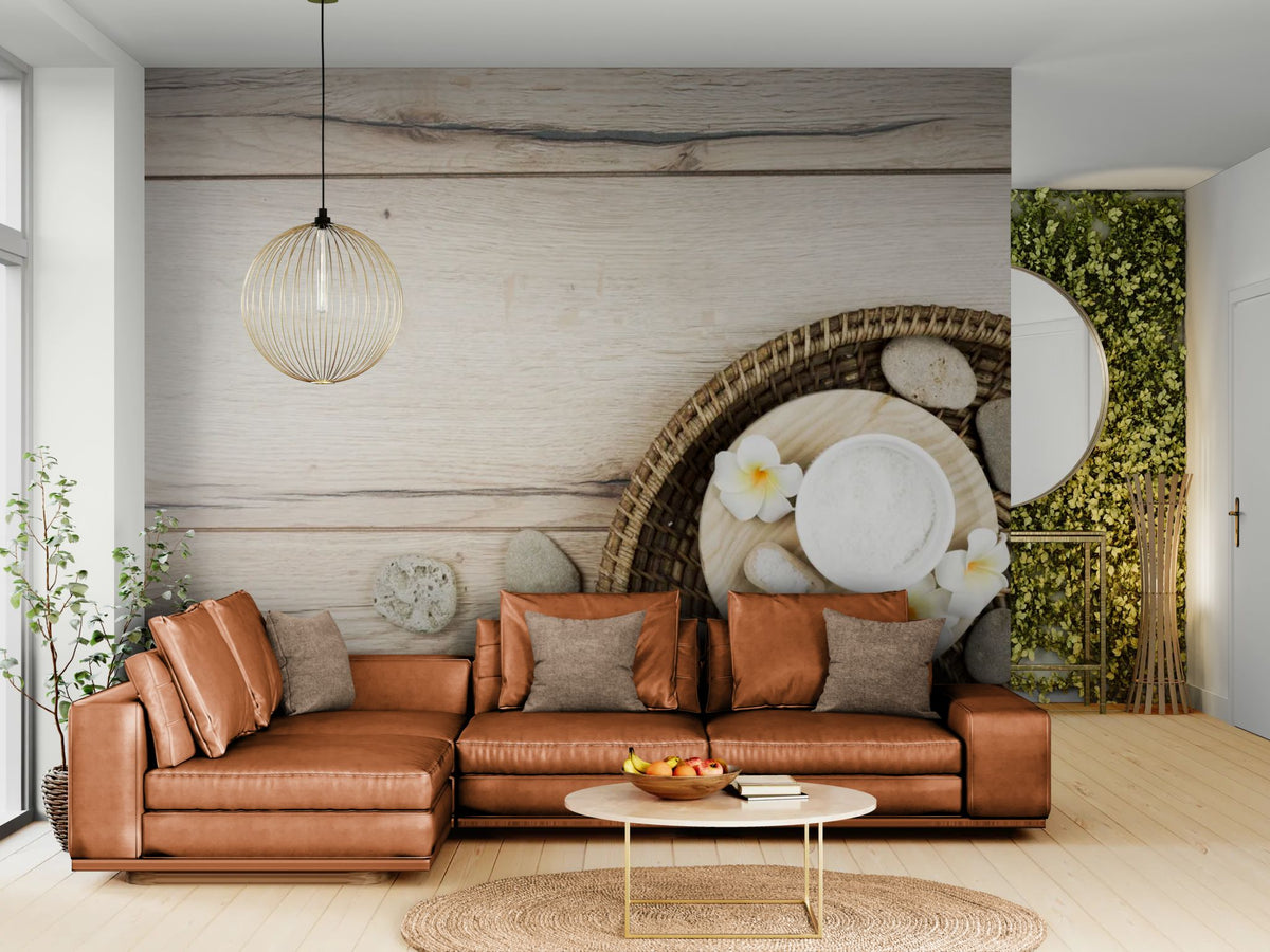 Zen behang - Plateau en witte bloemen