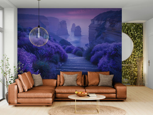 Papier peint Paysage – Falaises violettes et mer brumeuse