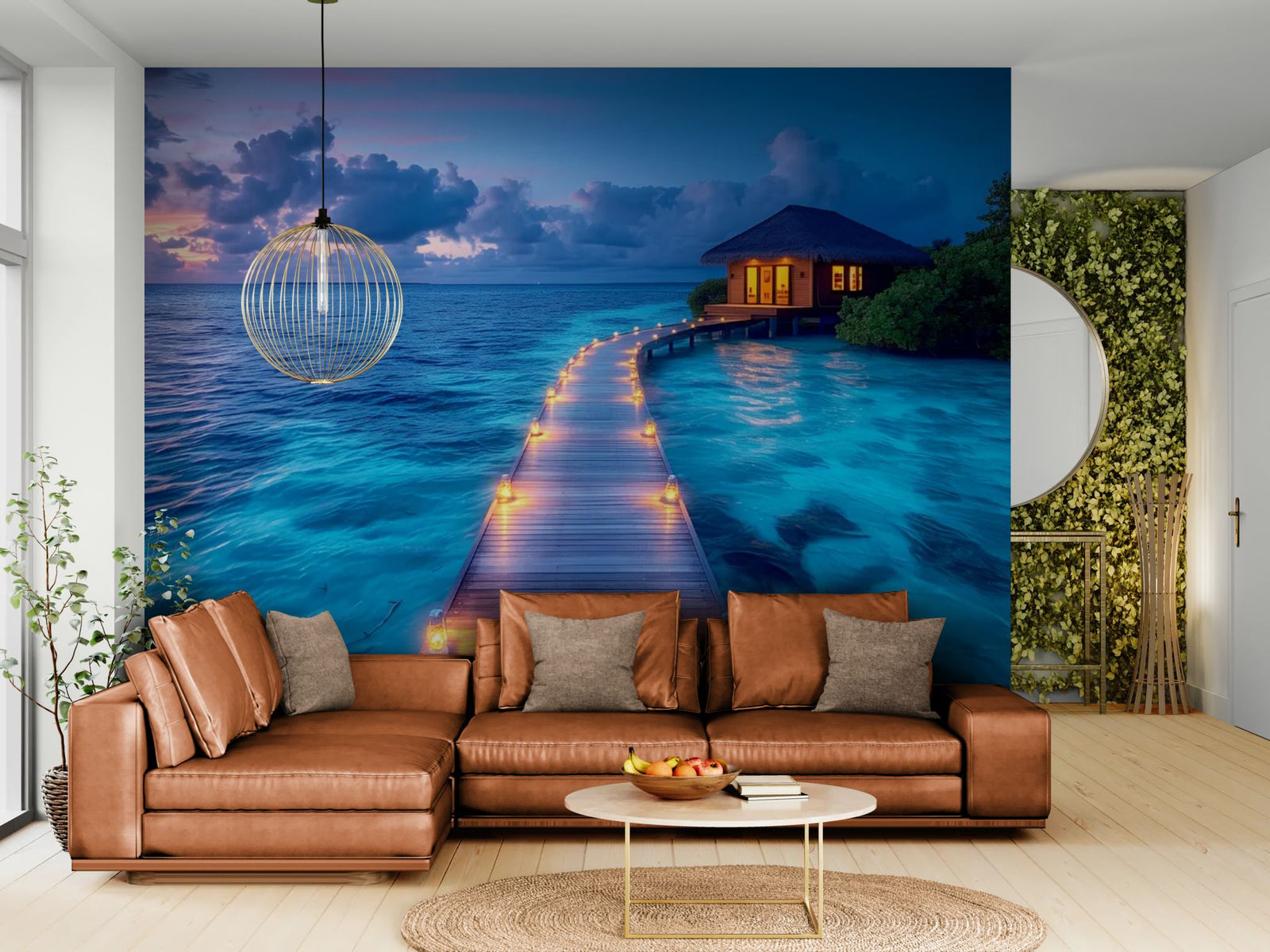 Papier peint exotique – Bungalow océan turquoise coucher soleil