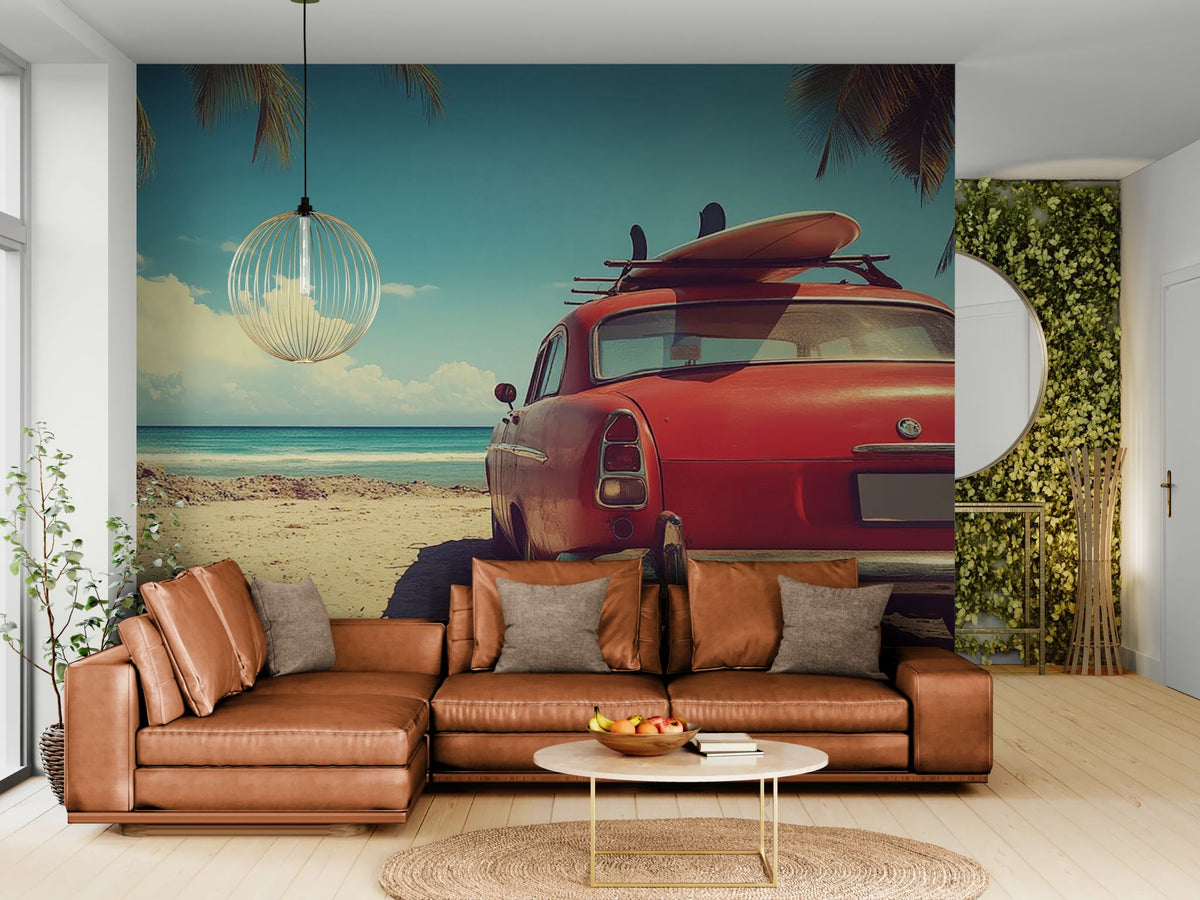 Vintage behang - Retro auto op het strand