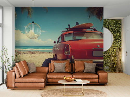 Papier peint Vintage – voiture rétro sur plage