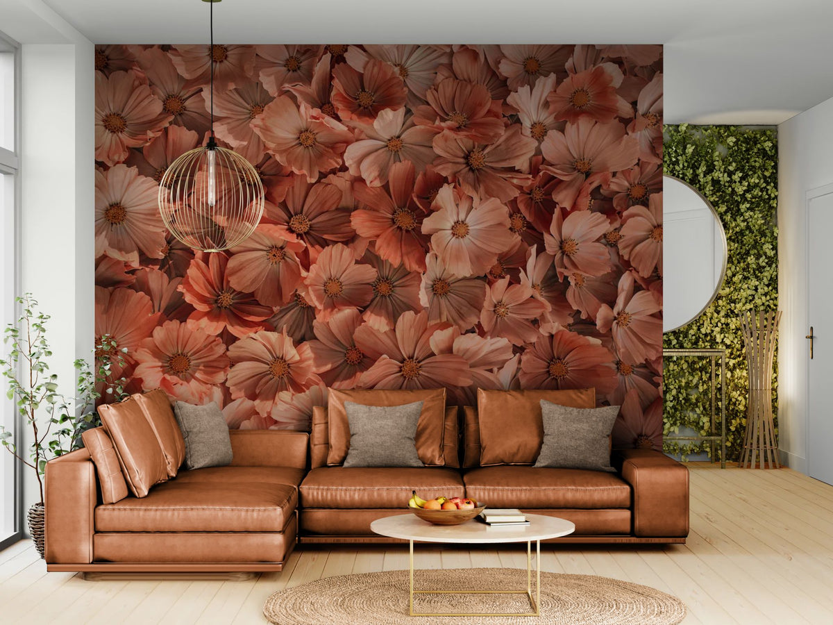 Papier peint fleuri - Orange et rose