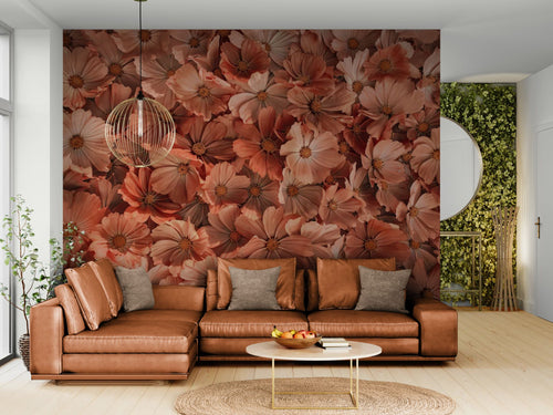 Papier peint Floral – fleurs orange en composition dense