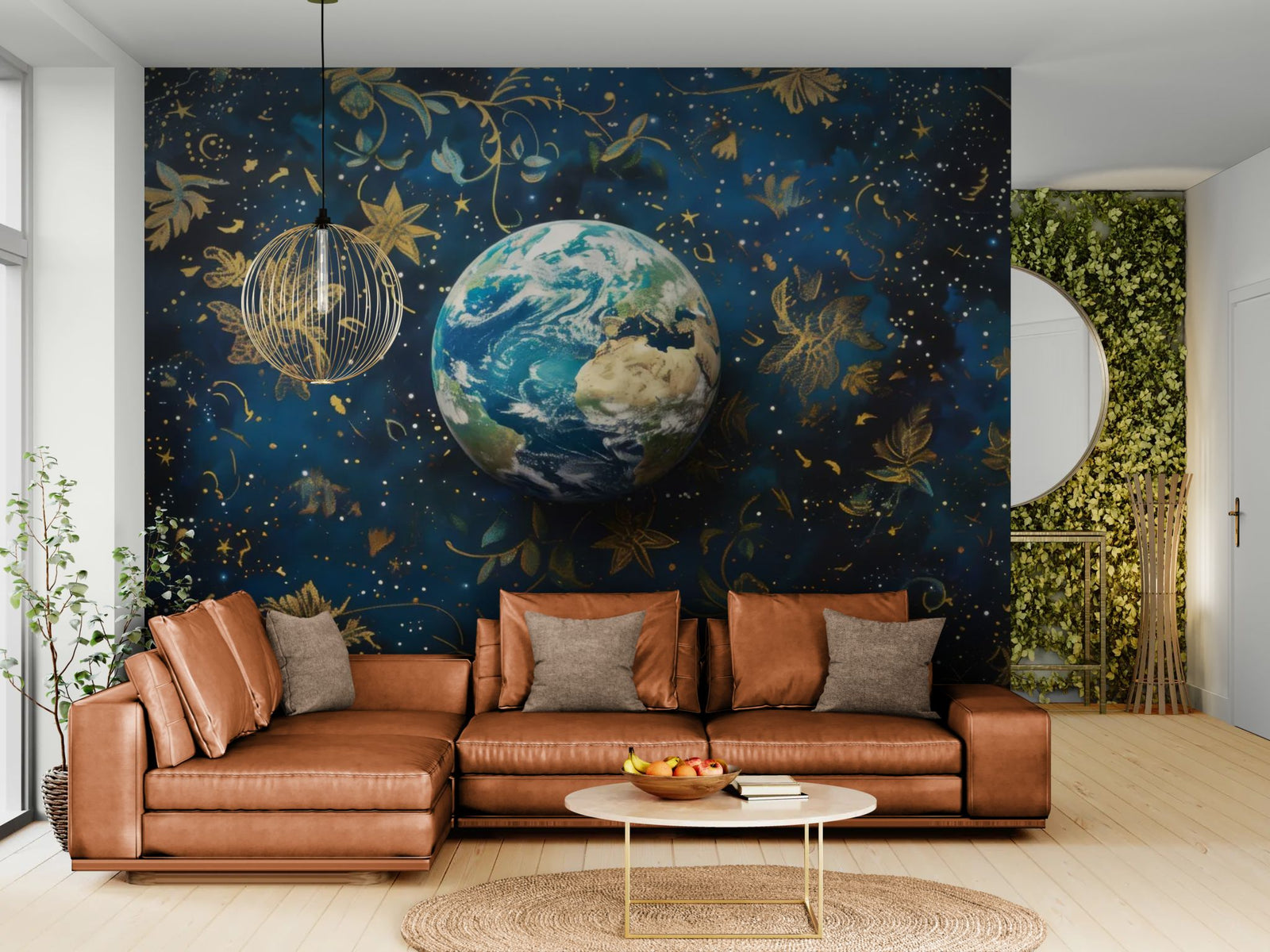 Papier peint Cosmique – planète Terre et motifs floraux