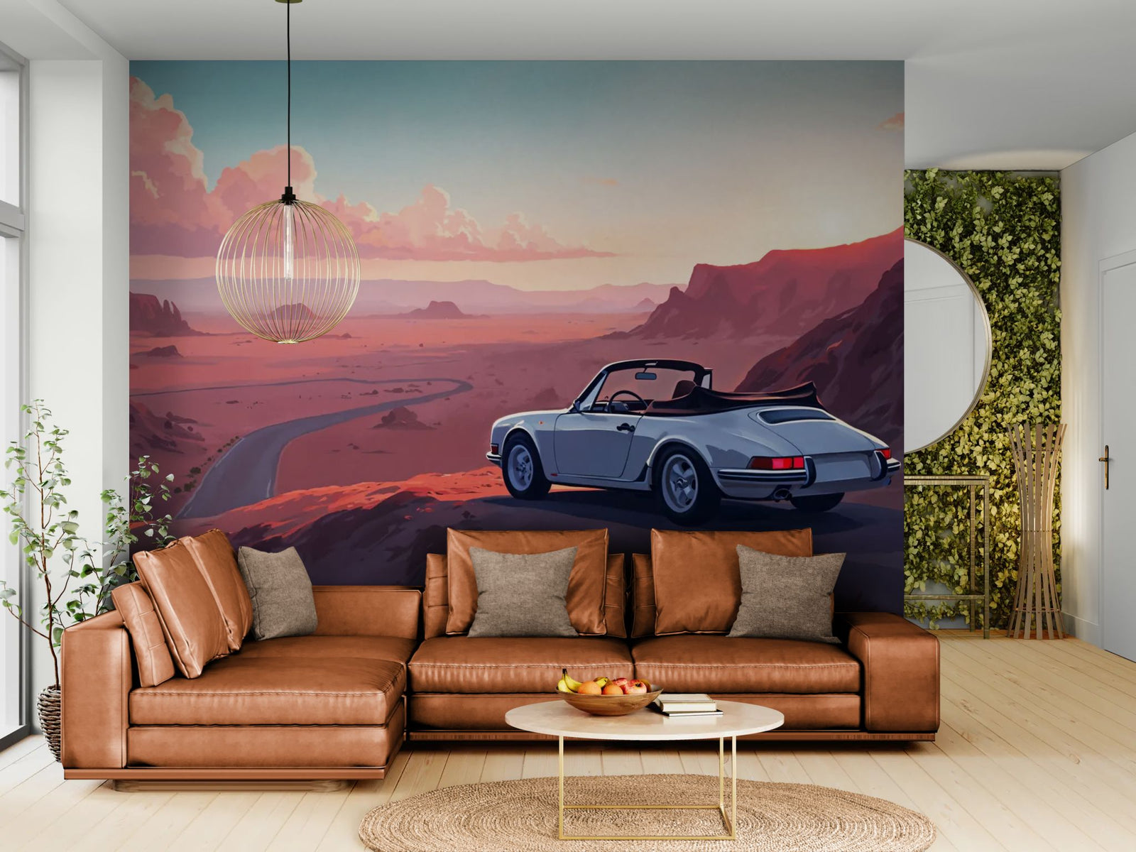 Vintage wallpaper – white car at sunset