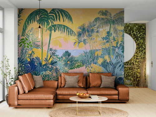Papier peint Tropical – palmiers et océan pastel