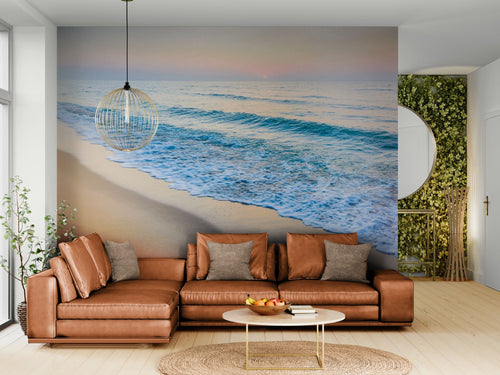 Papier peint plage – Vagues turquoise sable clair coucher soleil