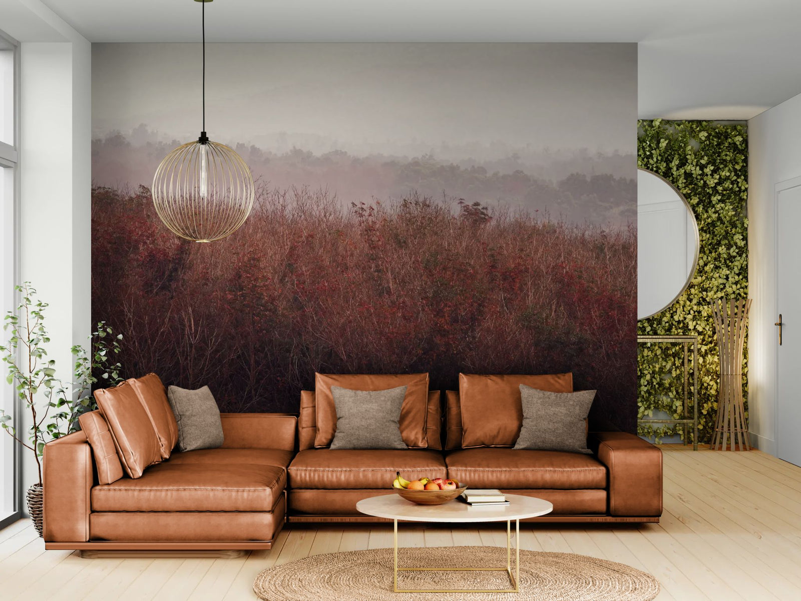 Nature wallpaper – Misty red vegetation and distant hills