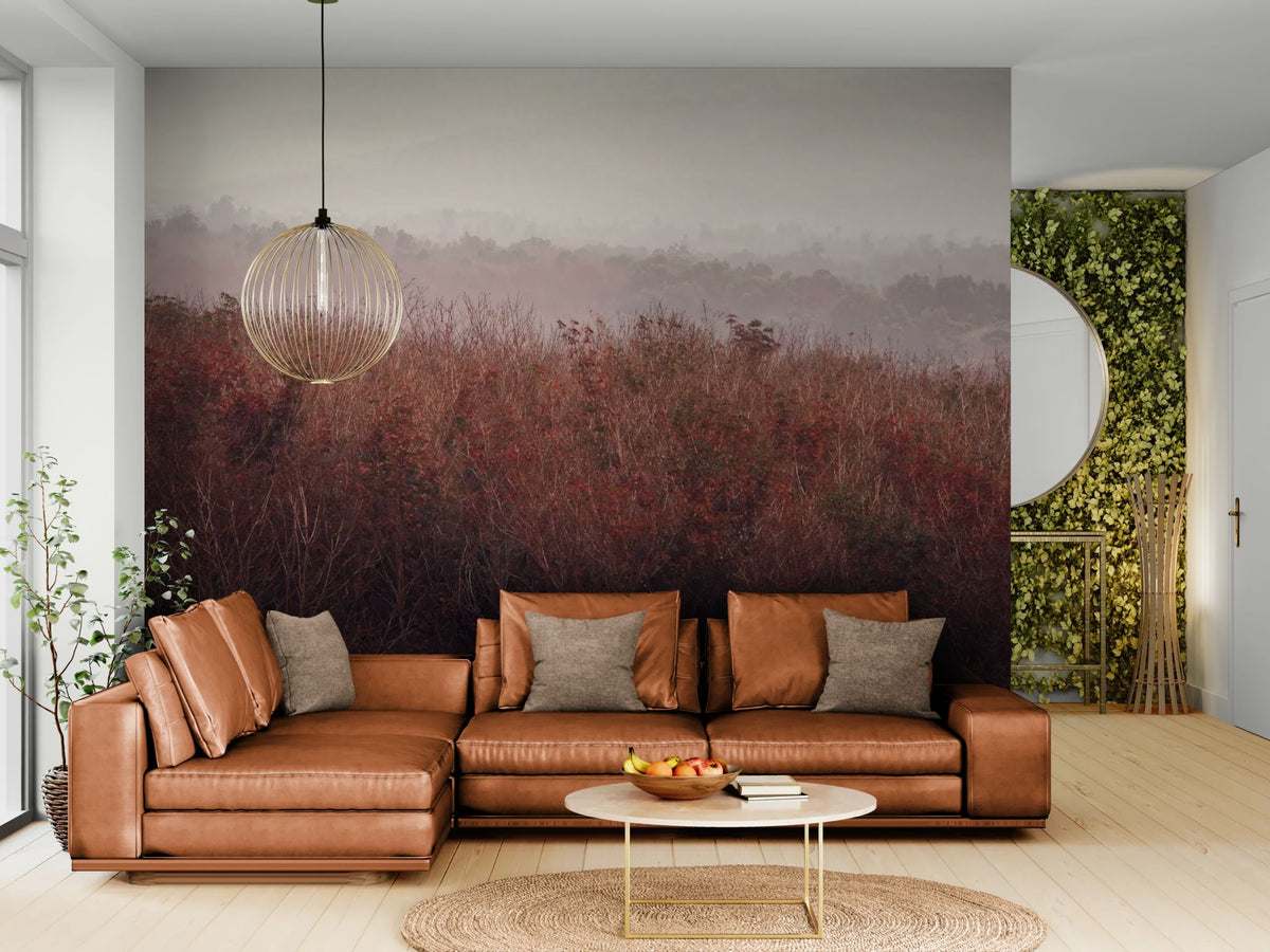 Behang met landschap - Rode vegetatie in de mist