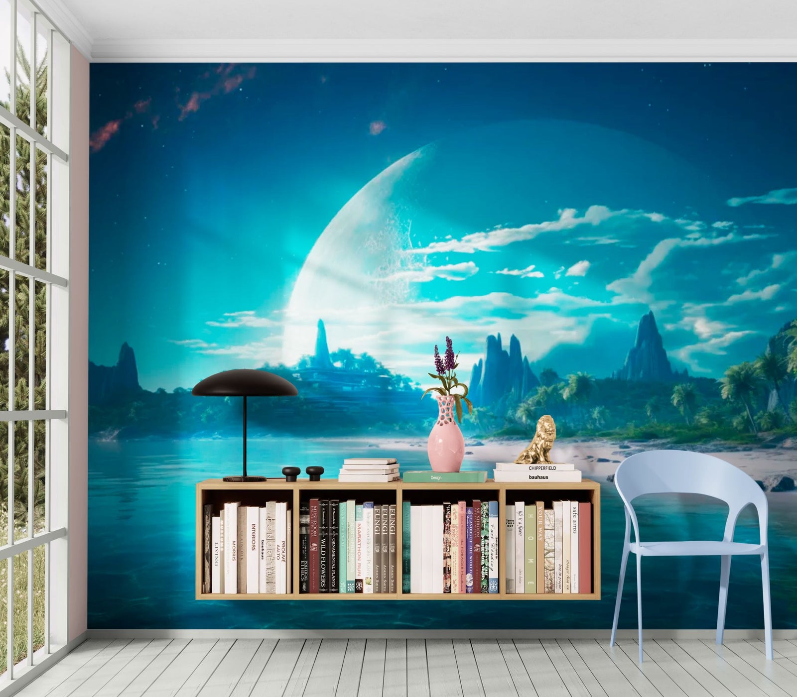 Papier Peint Futuriste - Plage Exoplanète & Lune Géante