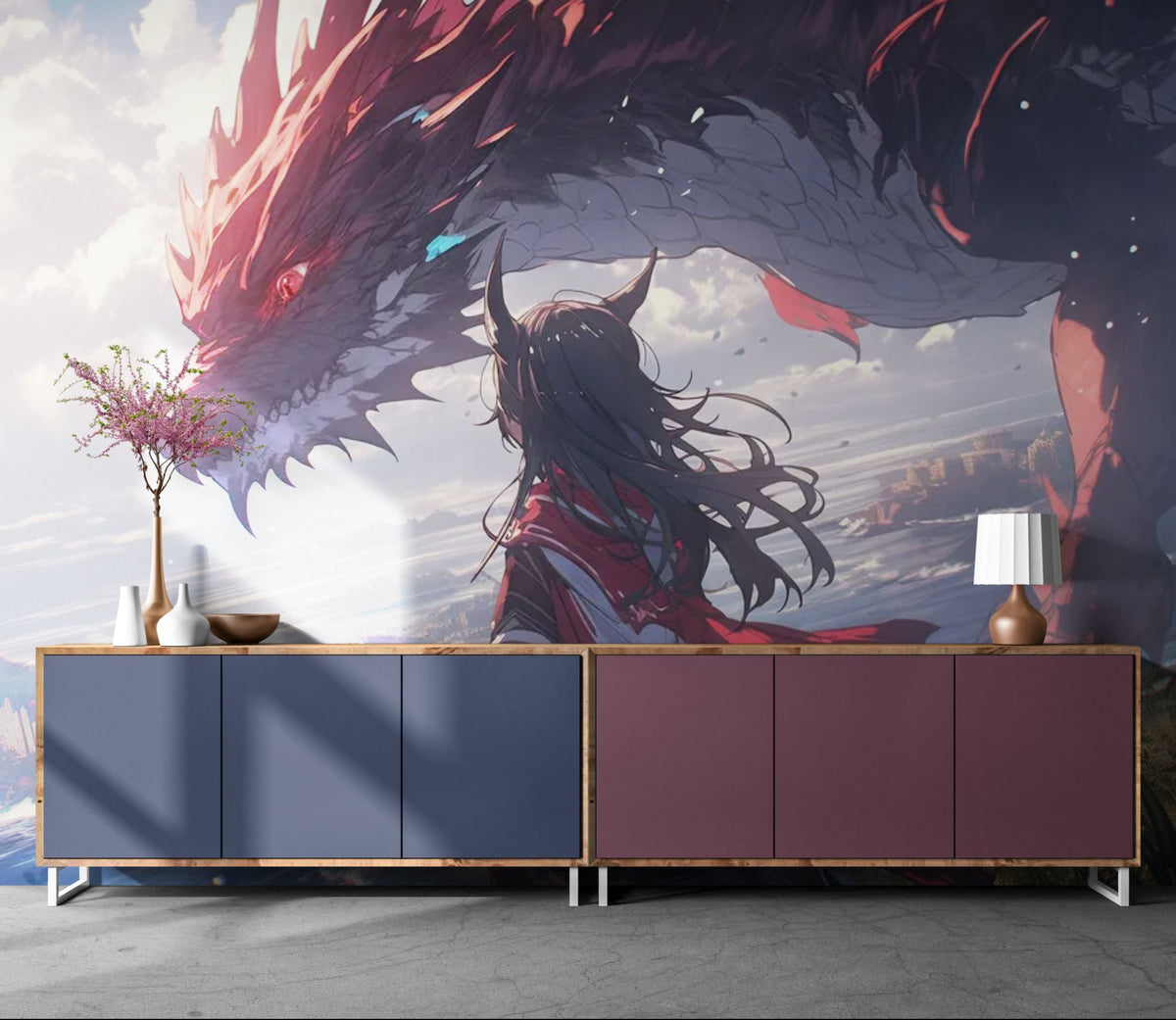 Anime behang - Oorlogster tegen een rode draak