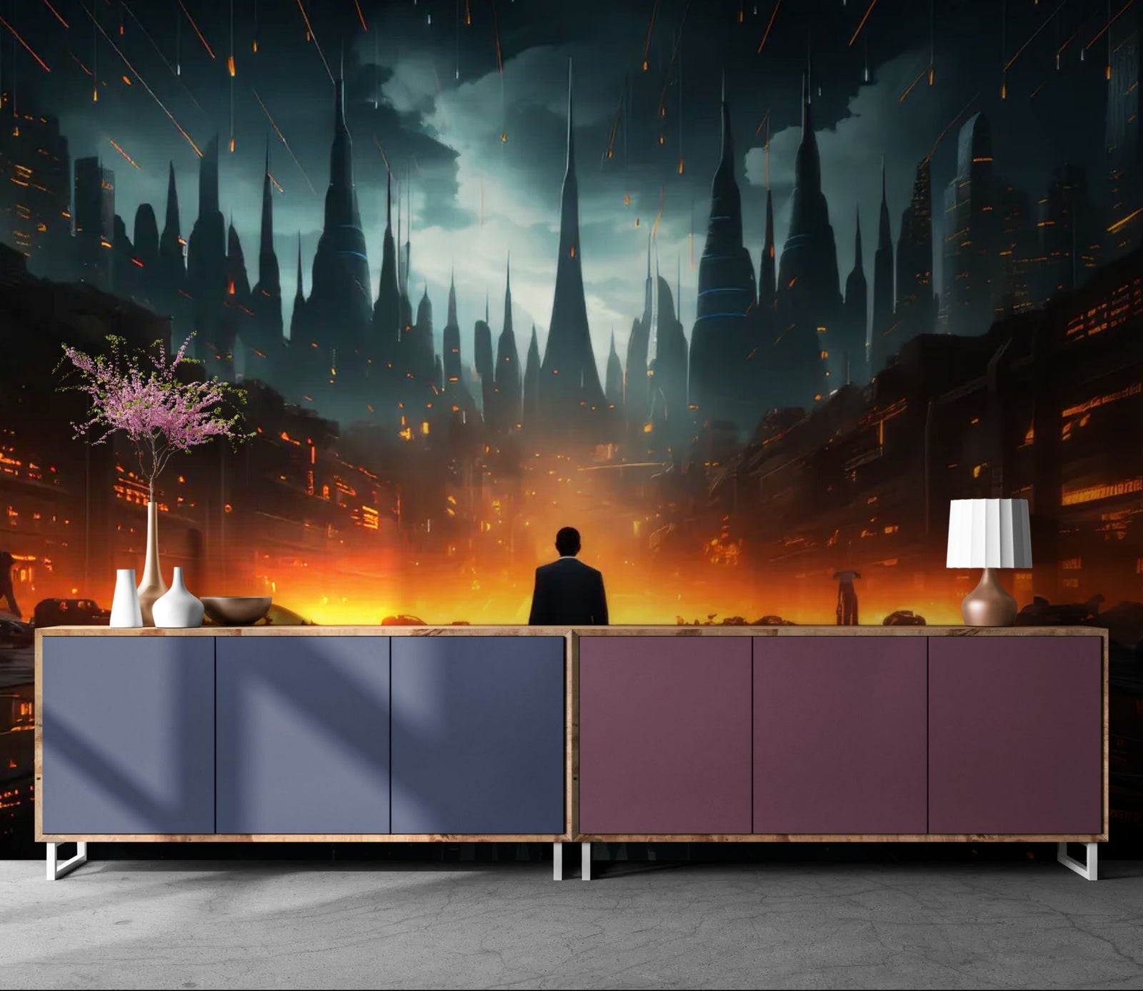 papier peint futuriste - cité incendiaire