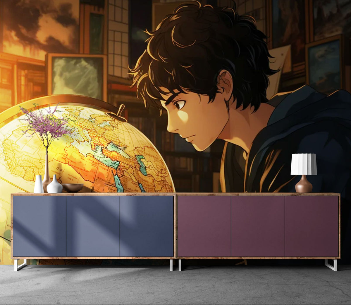 Papier peint enfant - Garçon devant un globe terrestre
