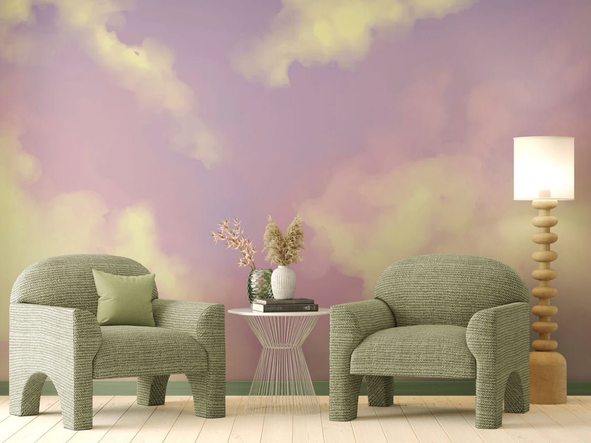 Papier peint ciel - Nuages roses et jaunes au coucher du soleil
