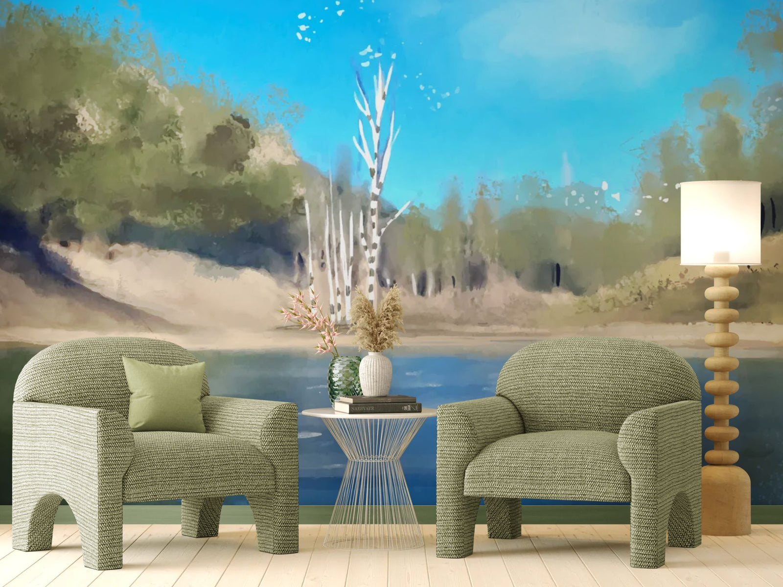 Landscape wallpaper – Peaceful lake with watercolor birch trees