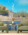 Landscape wallpaper – Peaceful lake with watercolor birch trees