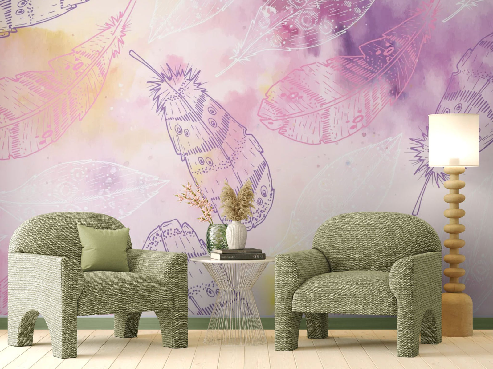 Papier peint plumes – Motif bohème aquarellé