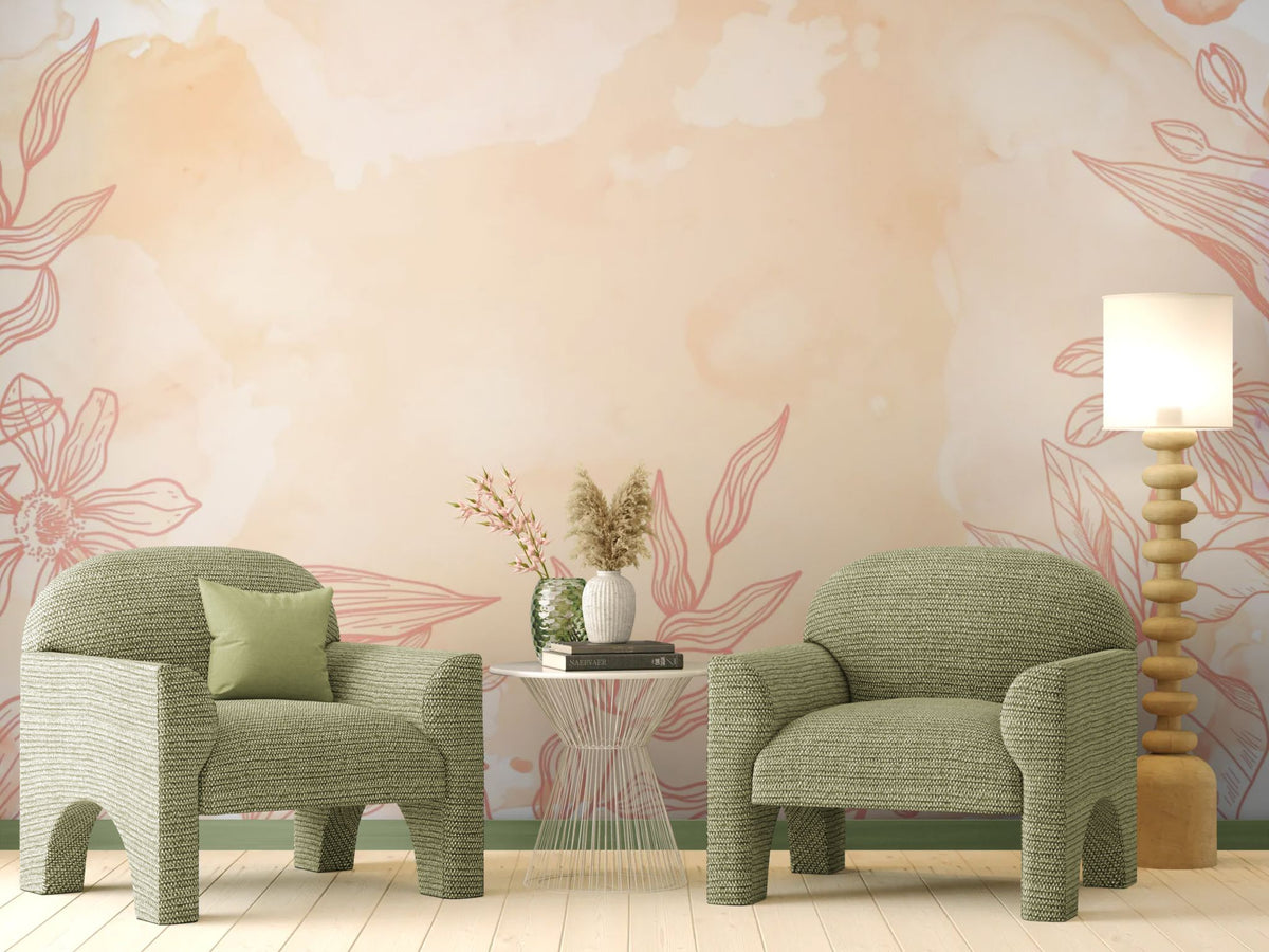 Papier peint fleuri - Contours roses sur fond pêche