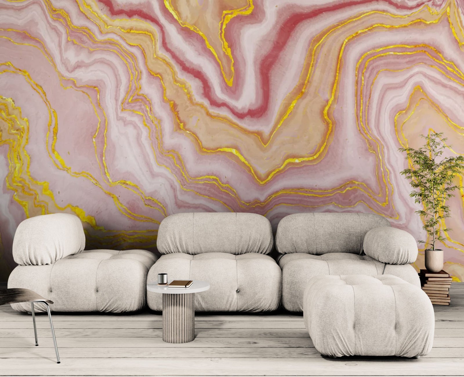 Abstract Wallpaper – Pink Liquid Marble and Gold Veins