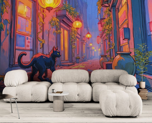 Papier peint Illustration – Chat noir ruelle et lanternes