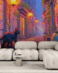 Wallpaper Illustration – Black cat in alley and lanterns