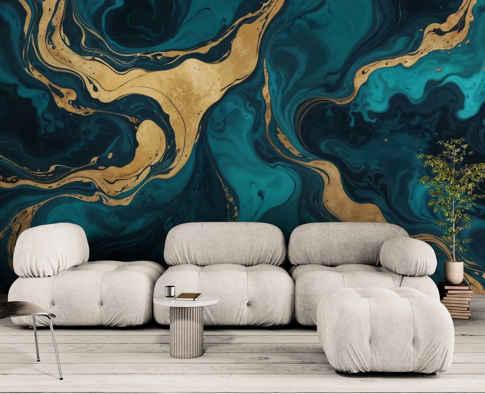 Papier peint Luxe – Marbre liquide bleu canard et or