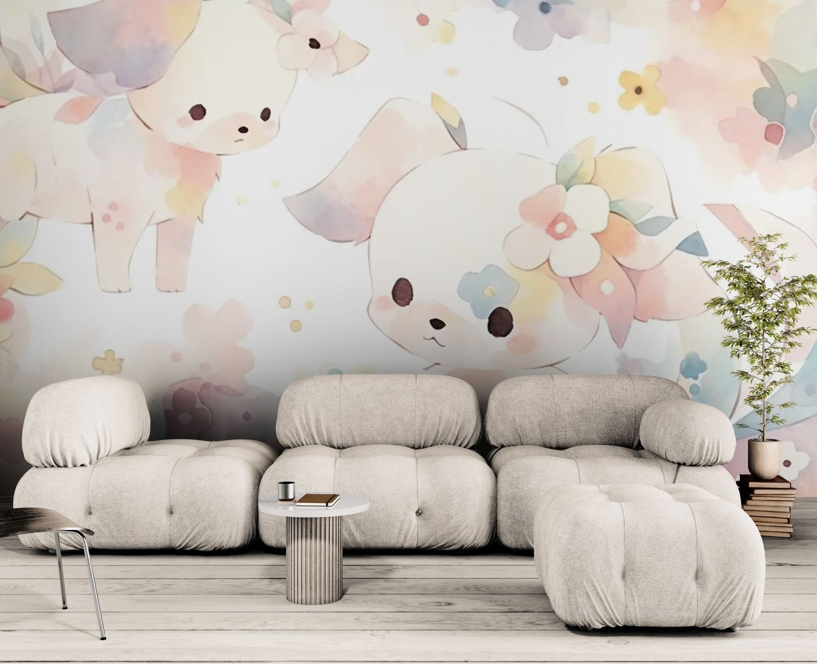 Papier peint Enfant – Chiots mignons et fleurs aquarelle