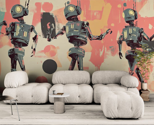 Papier peint Art – Trois robots rétro fond coloré