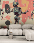 Papier peint Art – Trois robots rétro fond coloré