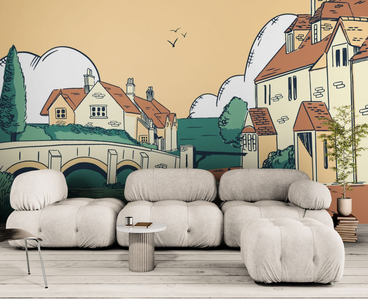 Papier peint vintage - Pont en pierre dans un village ancien