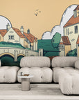 Papier peint Vintage – Village ancien et pont sur rivière
