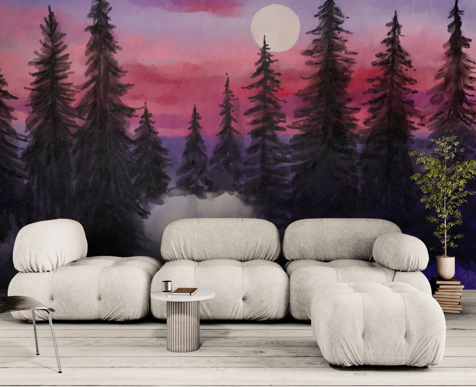 Winter Wallpaper – Fir Forest, Purple Night and Moon