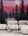 Papier peint Hiver – Forêt sapins nuit violette et lune