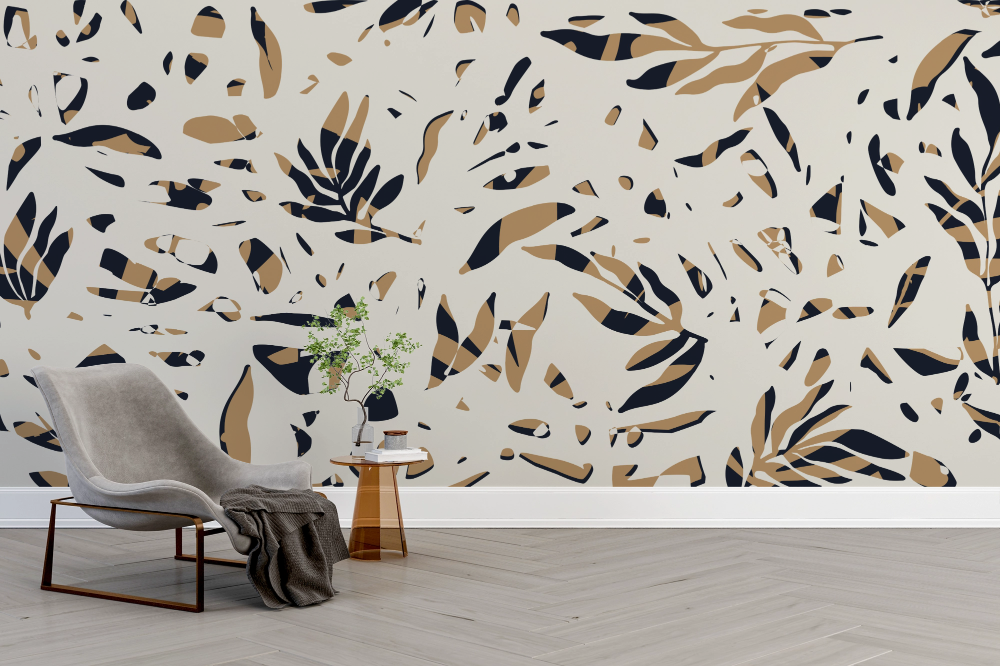 Papier peint nature - parterre de petites feuilles noires et dorées