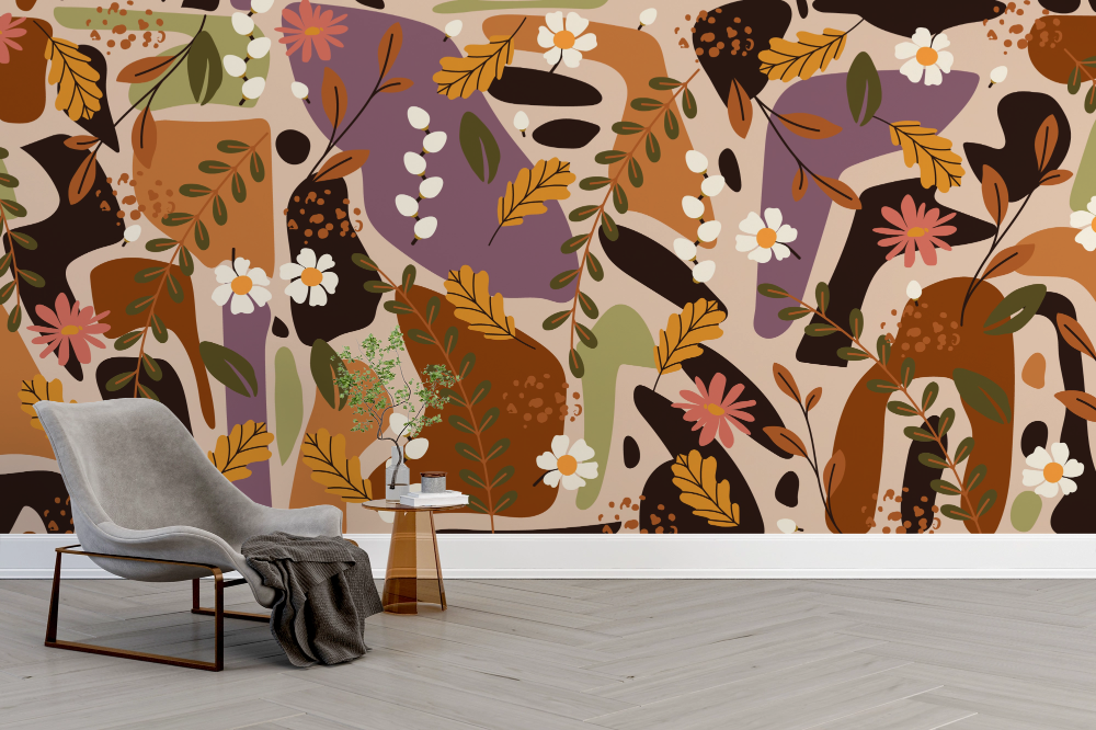 Papier peint boho - patchwork de motifs floraux et feuilles d'automne