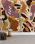 Papier peint boho - patchwork de motifs floraux et feuilles d'automne