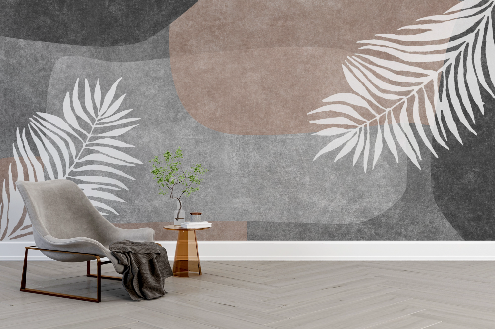 Papier peint boho - feuilles blanches sur fond abstrait gris et marron