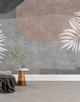 Papier peint boho - feuilles blanches sur fond abstrait gris et marron