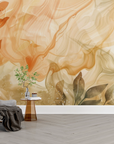 Papier peint abstrait - volutes aquarelle orange et vertes