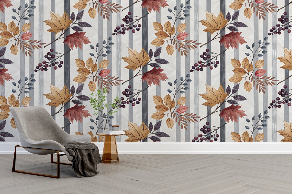 Papier peint nature - rayures verticales et feuilles d'automne