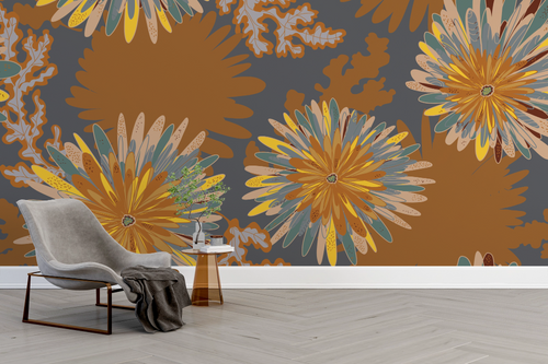 Floral wallpaper - large golden dahlias and dark khaki background