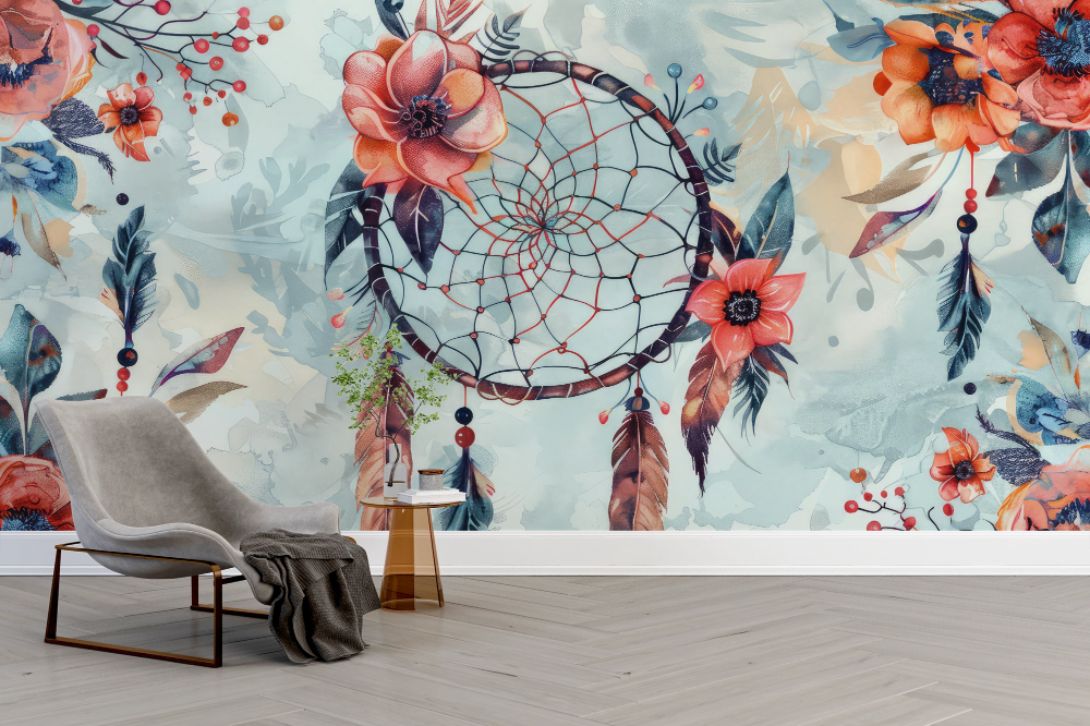 Papier peint boho - grand attrape-rêves et fleurs d'automne