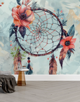 Papier peint boho - grand attrape-rêves et fleurs d'automne