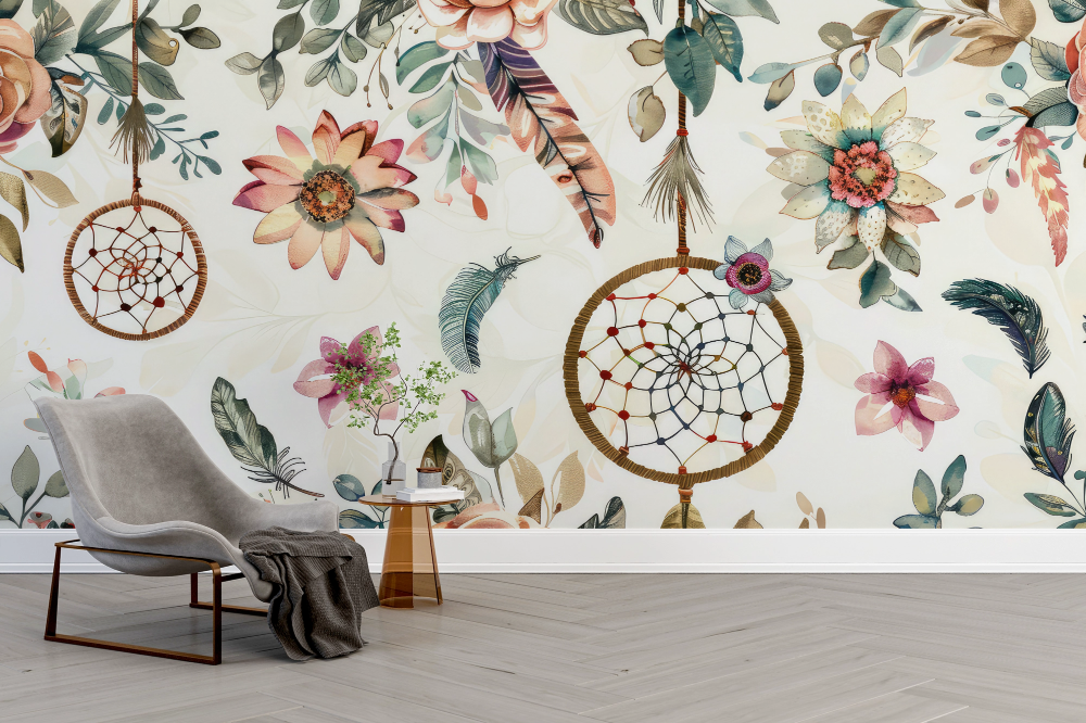 Papier peint boho - guirlandes d'attrapes-rêves et fleurs colorées